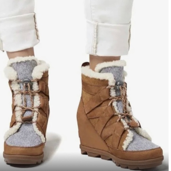 Sorel 8 Joan Of Arctic Wedge II Cozy Ankle Boots Brown Camel Color Suede - Picture 1 of 13